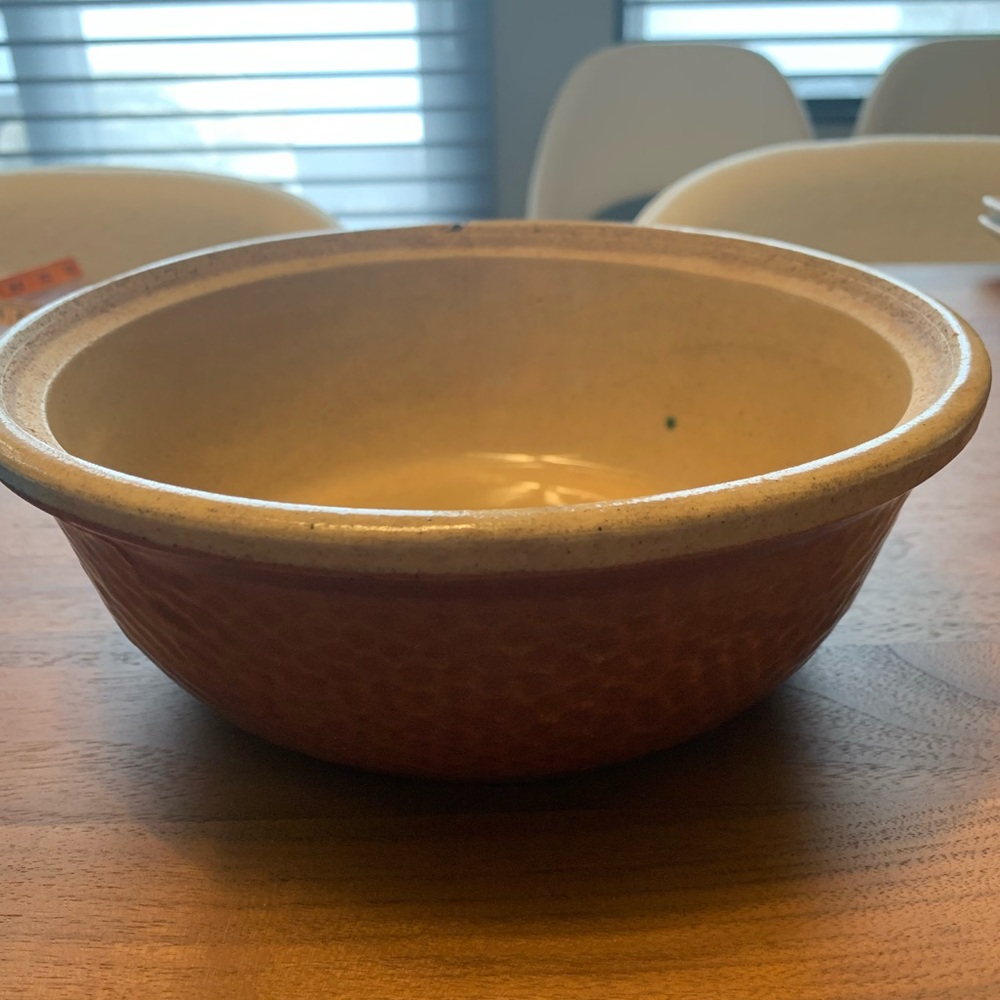 Vintage OVEN WARE Made in USA Red/brown and Cream Ceramic Bowl.